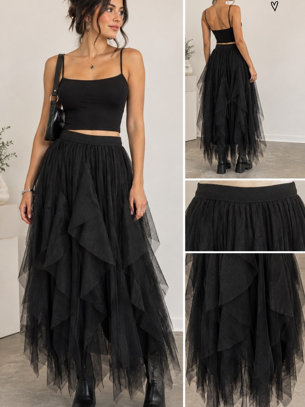Black Layered Tulle Maxi Skirt with Elastic Waist